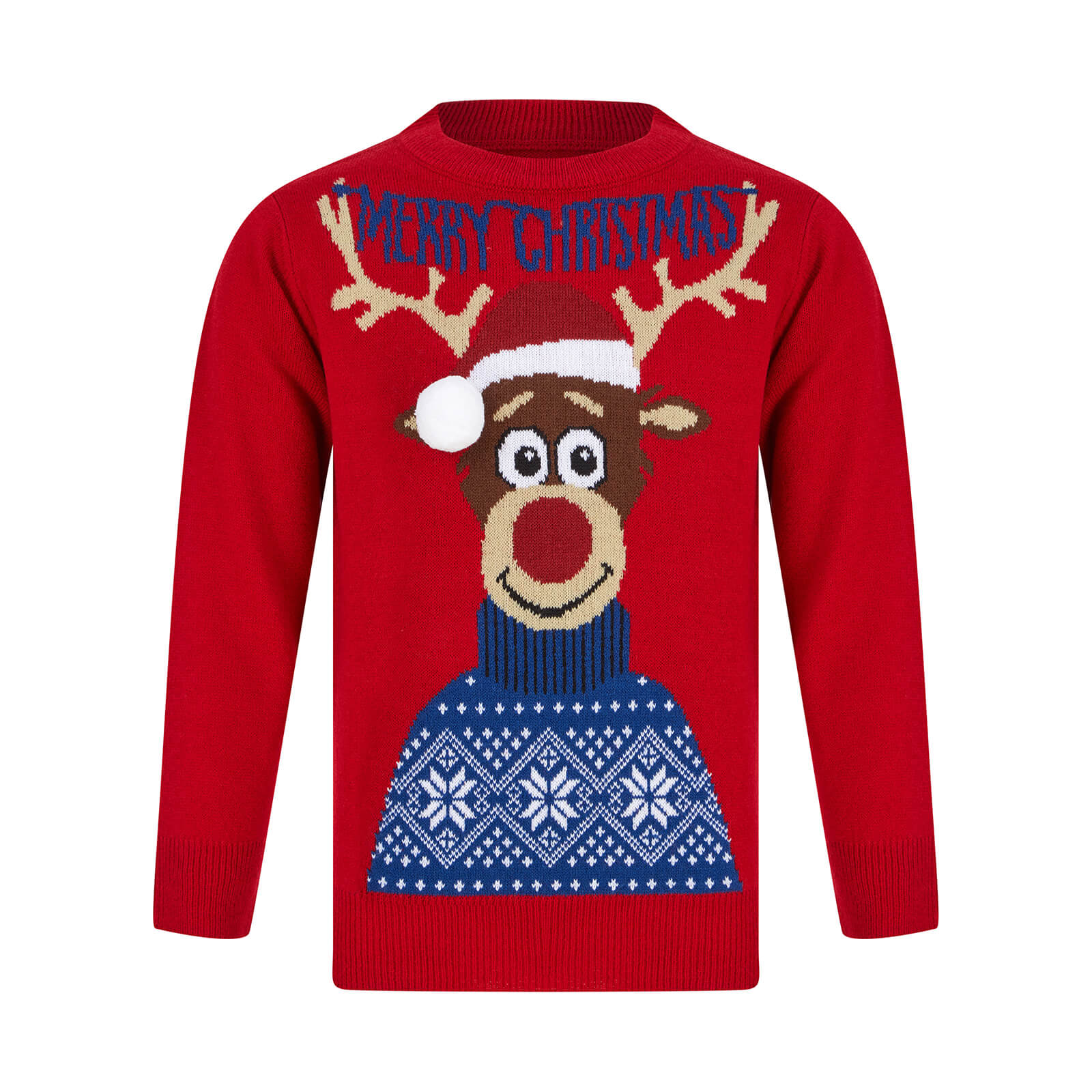 Mr Crimbo Kids Merry Christmas Antlers Reindeer Xmas Jumper - MrCrimbo.co.uk -SRG2A189901_A - Red -11-13 years